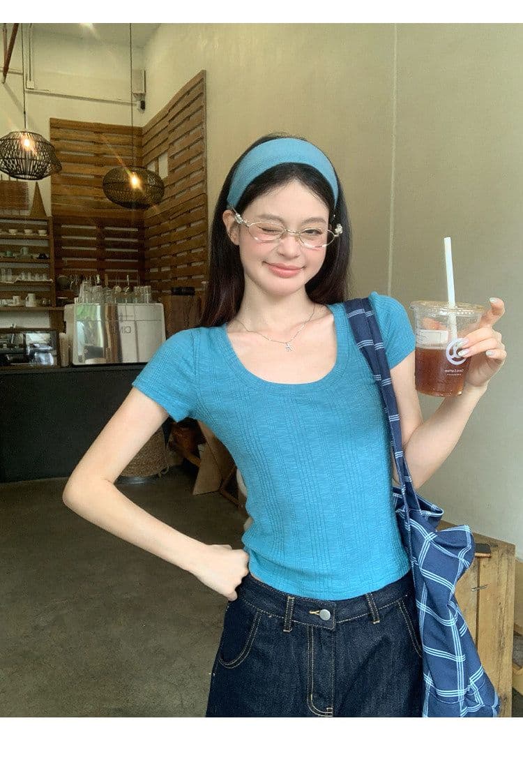 대나무 마디 면 파란색 반팔 티셔츠 여성 여름 한 부서 긍정적 인 어깨 쇼트 스타일 몸매 가꾸기 도파민 작은 맨위 상세 이미지 8