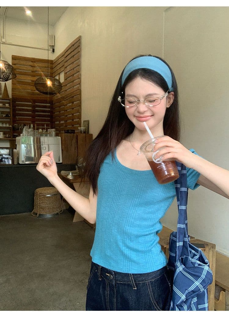 대나무 마디 면 파란색 반팔 티셔츠 여성 여름 한 부서 긍정적 인 어깨 쇼트 스타일 몸매 가꾸기 도파민 작은 맨위 상세 이미지 9