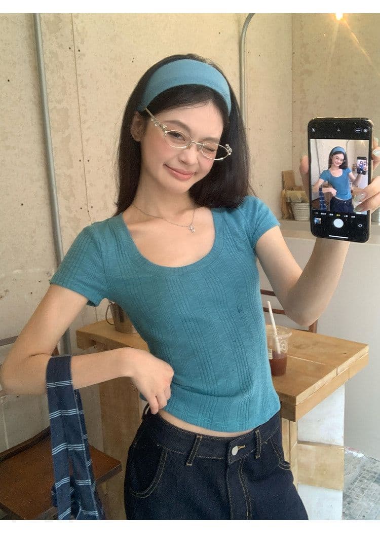 대나무 마디 면 파란색 반팔 티셔츠 여성 여름 한 부서 긍정적 인 어깨 쇼트 스타일 몸매 가꾸기 도파민 작은 맨위 상세 이미지 13