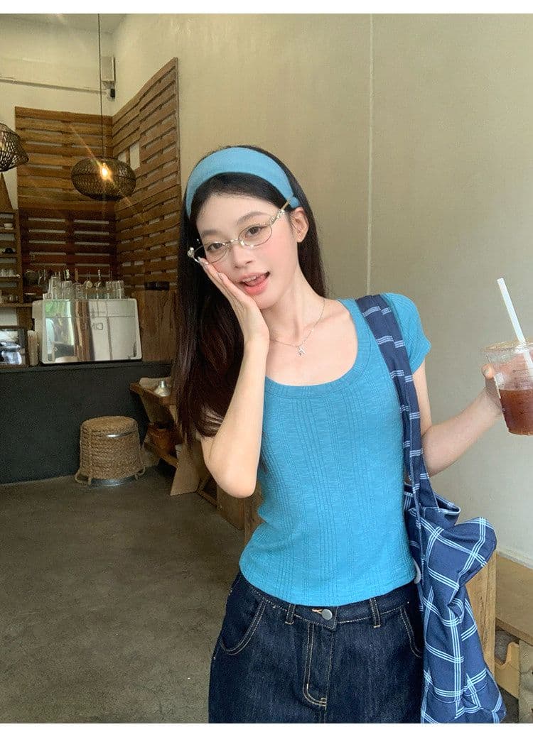 대나무 마디 면 파란색 반팔 티셔츠 여성 여름 한 부서 긍정적 인 어깨 쇼트 스타일 몸매 가꾸기 도파민 작은 맨위 상세 이미지 14