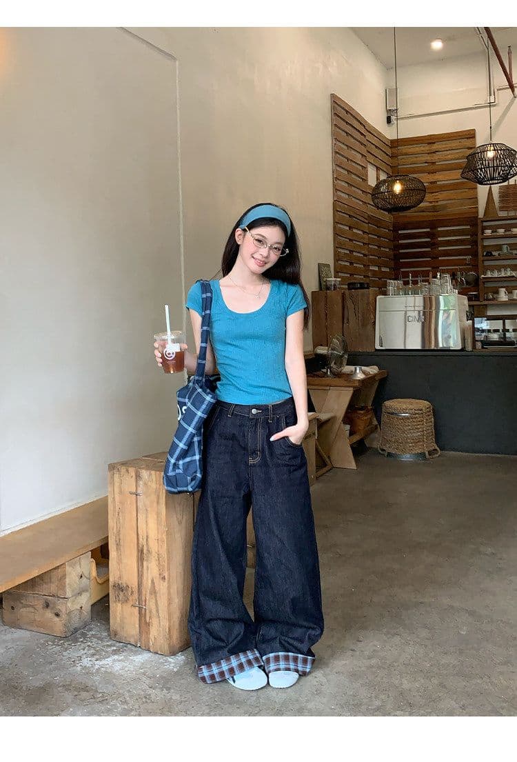 대나무 마디 면 파란색 반팔 티셔츠 여성 여름 한 부서 긍정적 인 어깨 쇼트 스타일 몸매 가꾸기 도파민 작은 맨위 상세 이미지 15