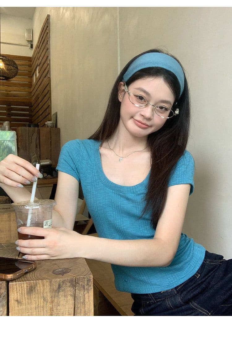 대나무 마디 면 파란색 반팔 티셔츠 여성 여름 한 부서 긍정적 인 어깨 쇼트 스타일 몸매 가꾸기 도파민 작은 맨위 상세 이미지 18