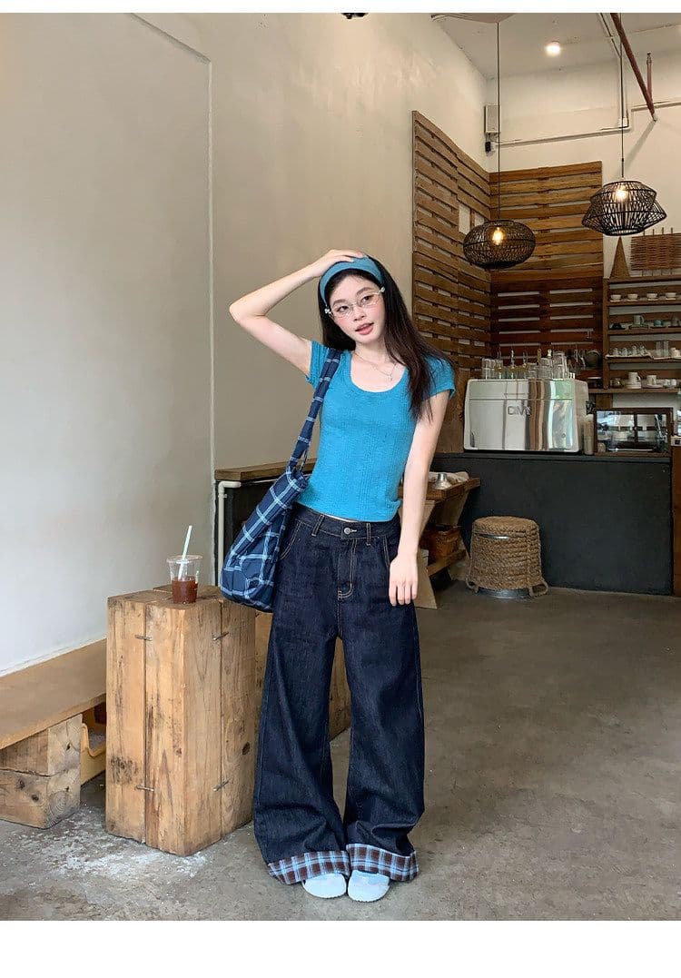 대나무 마디 면 파란색 반팔 티셔츠 여성 여름 한 부서 긍정적 인 어깨 쇼트 스타일 몸매 가꾸기 도파민 작은 맨위 상세 이미지 19