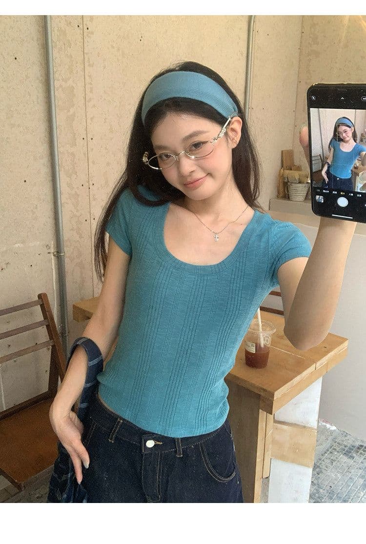 대나무 마디 면 파란색 반팔 티셔츠 여성 여름 한 부서 긍정적 인 어깨 쇼트 스타일 몸매 가꾸기 도파민 작은 맨위 상세 이미지 20