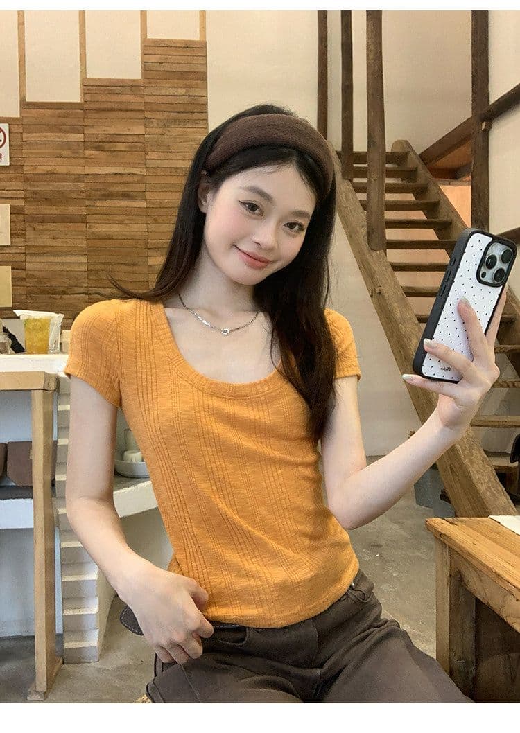 대나무 마디 면 파란색 반팔 티셔츠 여성 여름 한 부서 긍정적 인 어깨 쇼트 스타일 몸매 가꾸기 도파민 작은 맨위 상세 이미지 21