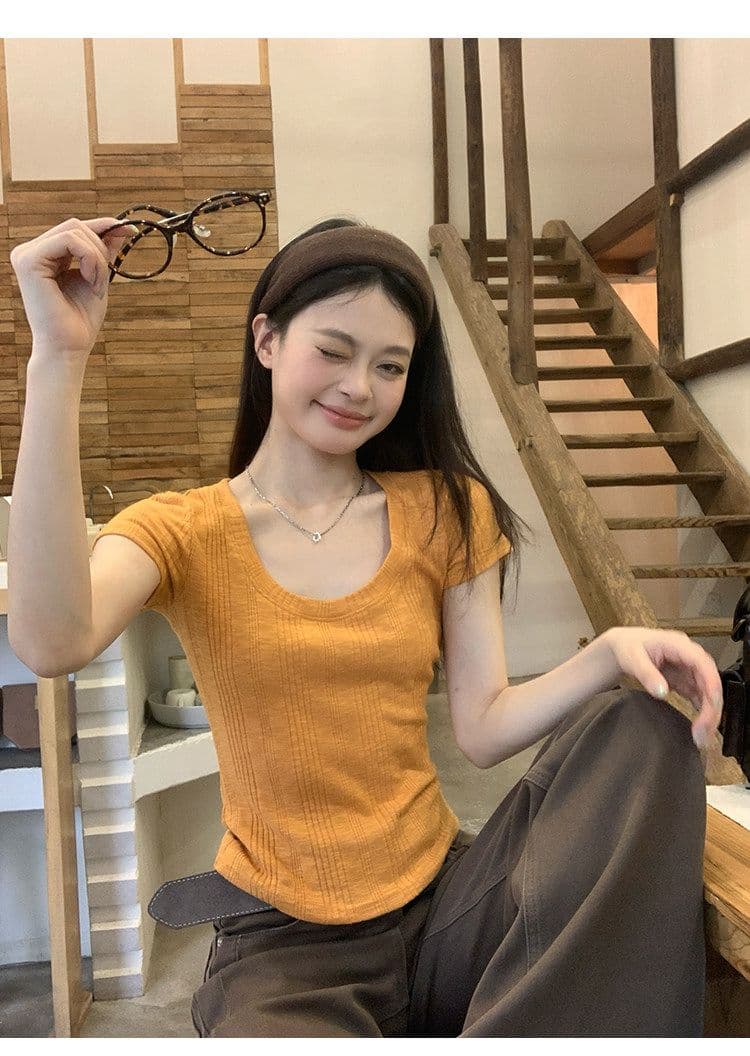 대나무 마디 면 파란색 반팔 티셔츠 여성 여름 한 부서 긍정적 인 어깨 쇼트 스타일 몸매 가꾸기 도파민 작은 맨위 상세 이미지 22