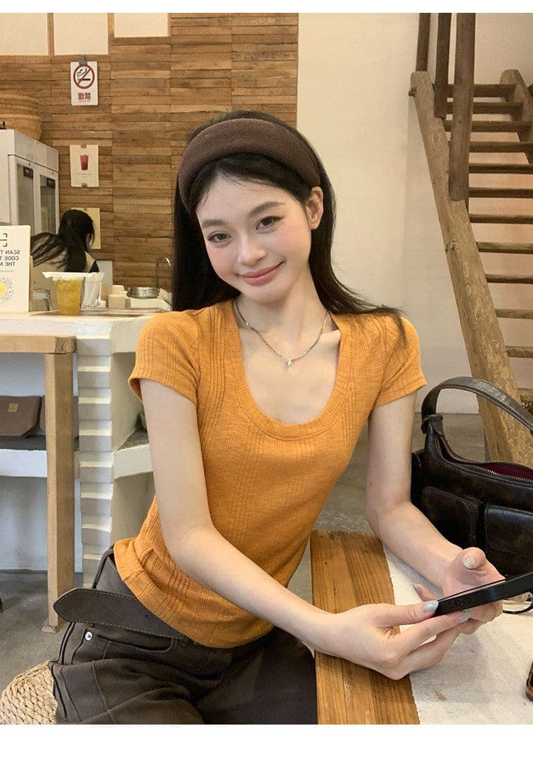 대나무 마디 면 파란색 반팔 티셔츠 여성 여름 한 부서 긍정적 인 어깨 쇼트 스타일 몸매 가꾸기 도파민 작은 맨위 상세 이미지 24