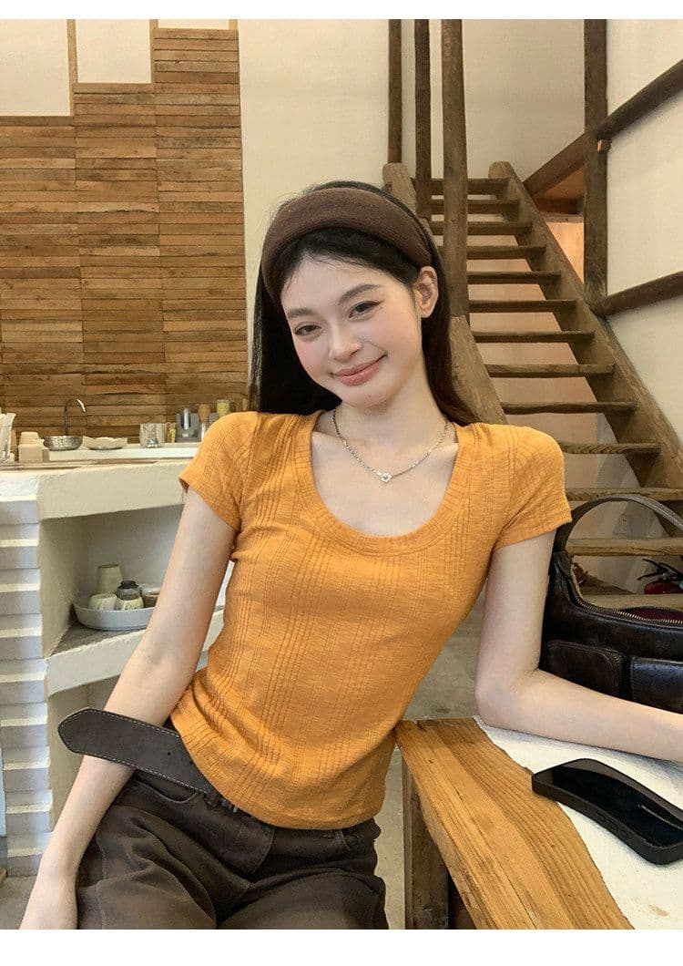 대나무 마디 면 파란색 반팔 티셔츠 여성 여름 한 부서 긍정적 인 어깨 쇼트 스타일 몸매 가꾸기 도파민 작은 맨위 상세 이미지 26