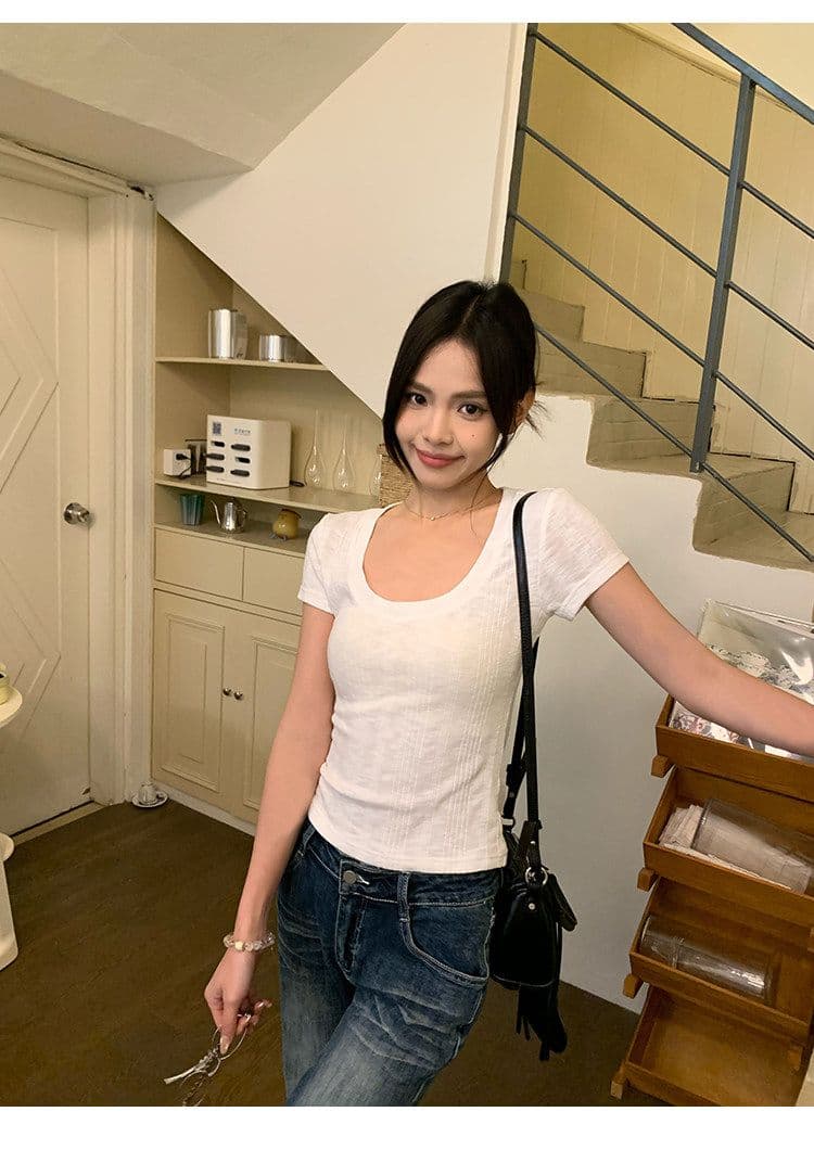 대나무 마디 면 파란색 반팔 티셔츠 여성 여름 한 부서 긍정적 인 어깨 쇼트 스타일 몸매 가꾸기 도파민 작은 맨위 상세 이미지 34