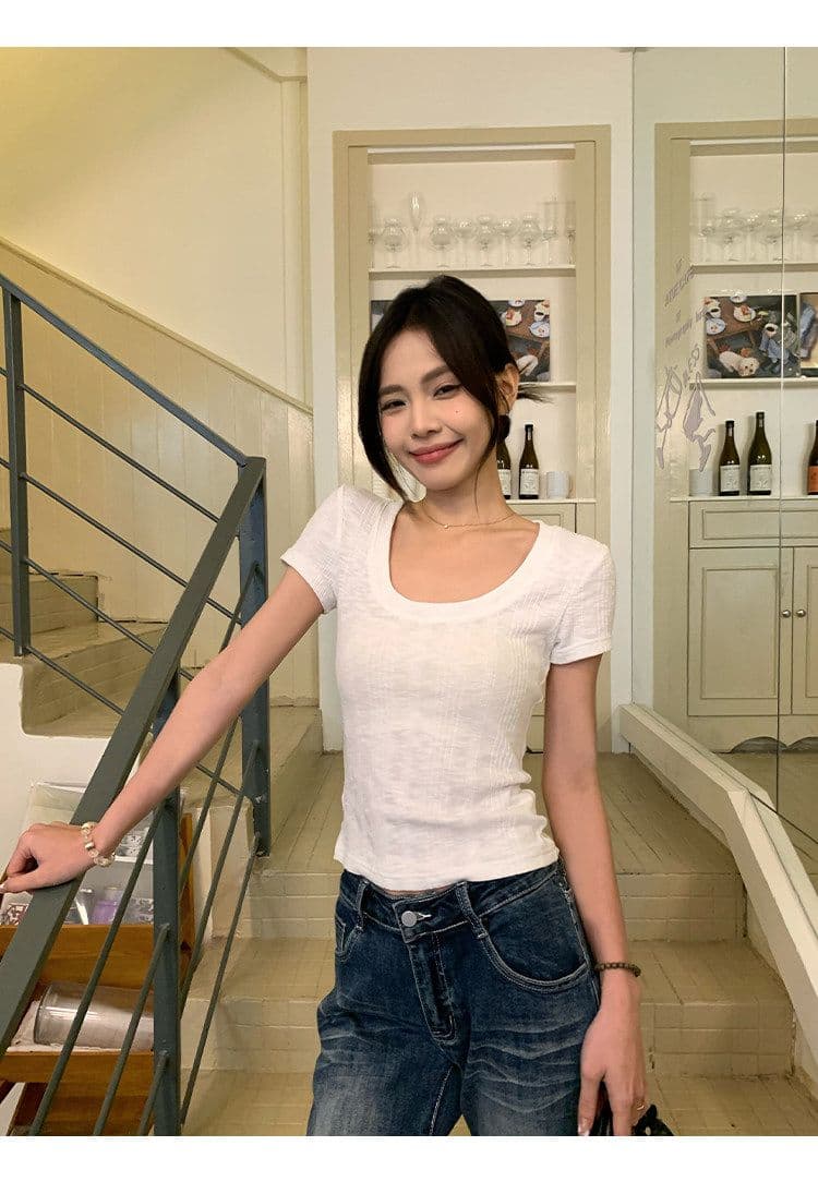 대나무 마디 면 파란색 반팔 티셔츠 여성 여름 한 부서 긍정적 인 어깨 쇼트 스타일 몸매 가꾸기 도파민 작은 맨위 상세 이미지 35