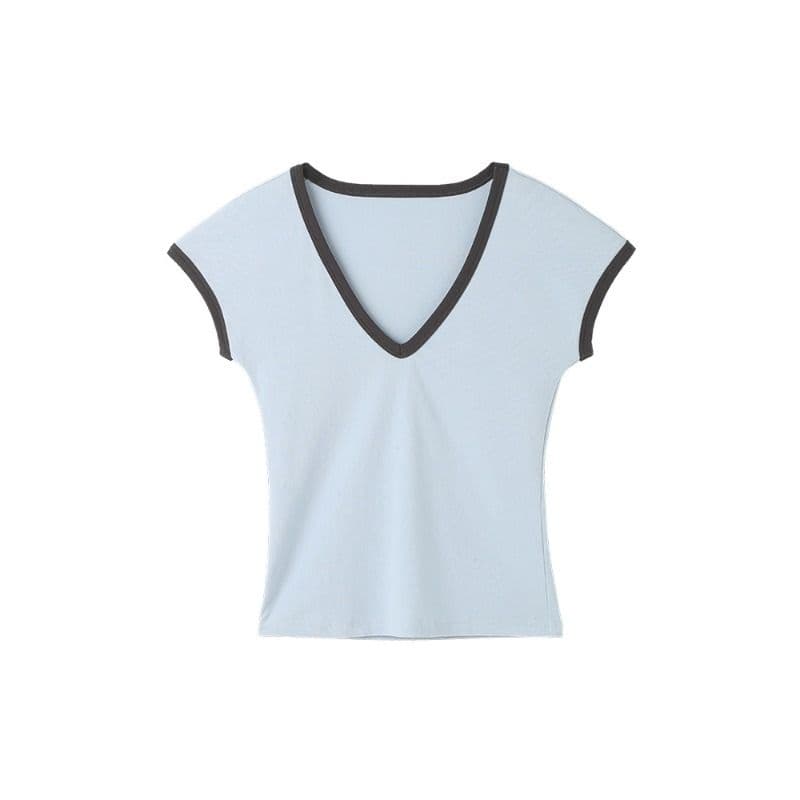 와 사고 방식 한 부서 블루 싸움 회색 V넥 페이크 레이어드 반팔 티셔츠 여성 년 여름 고급 센스 몸매 가꾸기 맨위 이미지 5