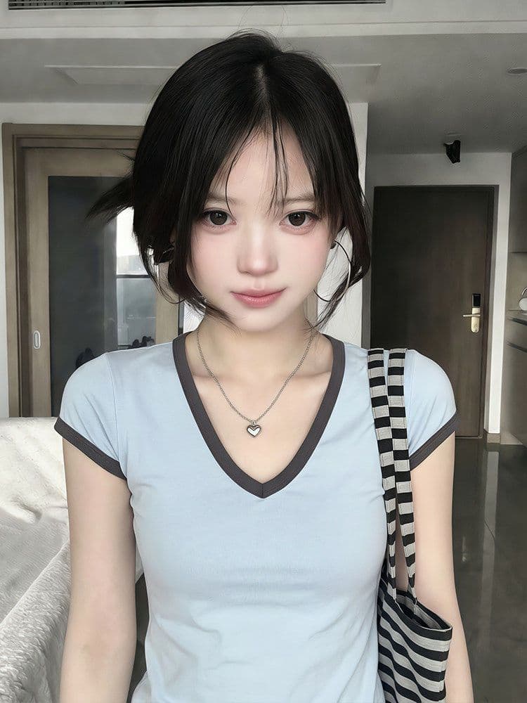와 사고 방식 한 부서 블루 싸움 회색 V넥 페이크 레이어드 반팔 티셔츠 여성 년 여름 고급 센스 몸매 가꾸기 맨위 상세 이미지 5