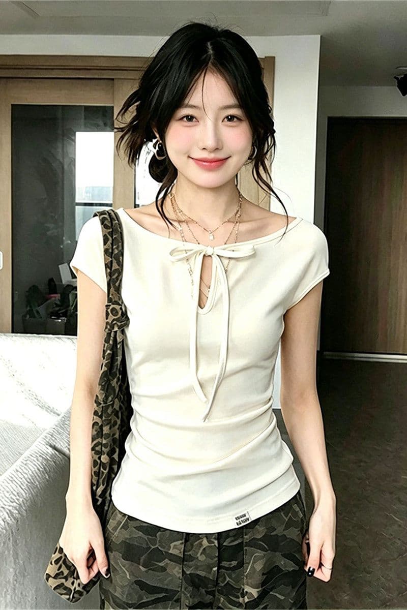 와 사고 방식 도파민 화이트 홀로우 아웃 레이스업 긍정적 인 어깨 티셔츠 여성 여름 핫걸 쇼트 스타일 몸매 가꾸기 맨위 트렌디 상세 이미지 2
