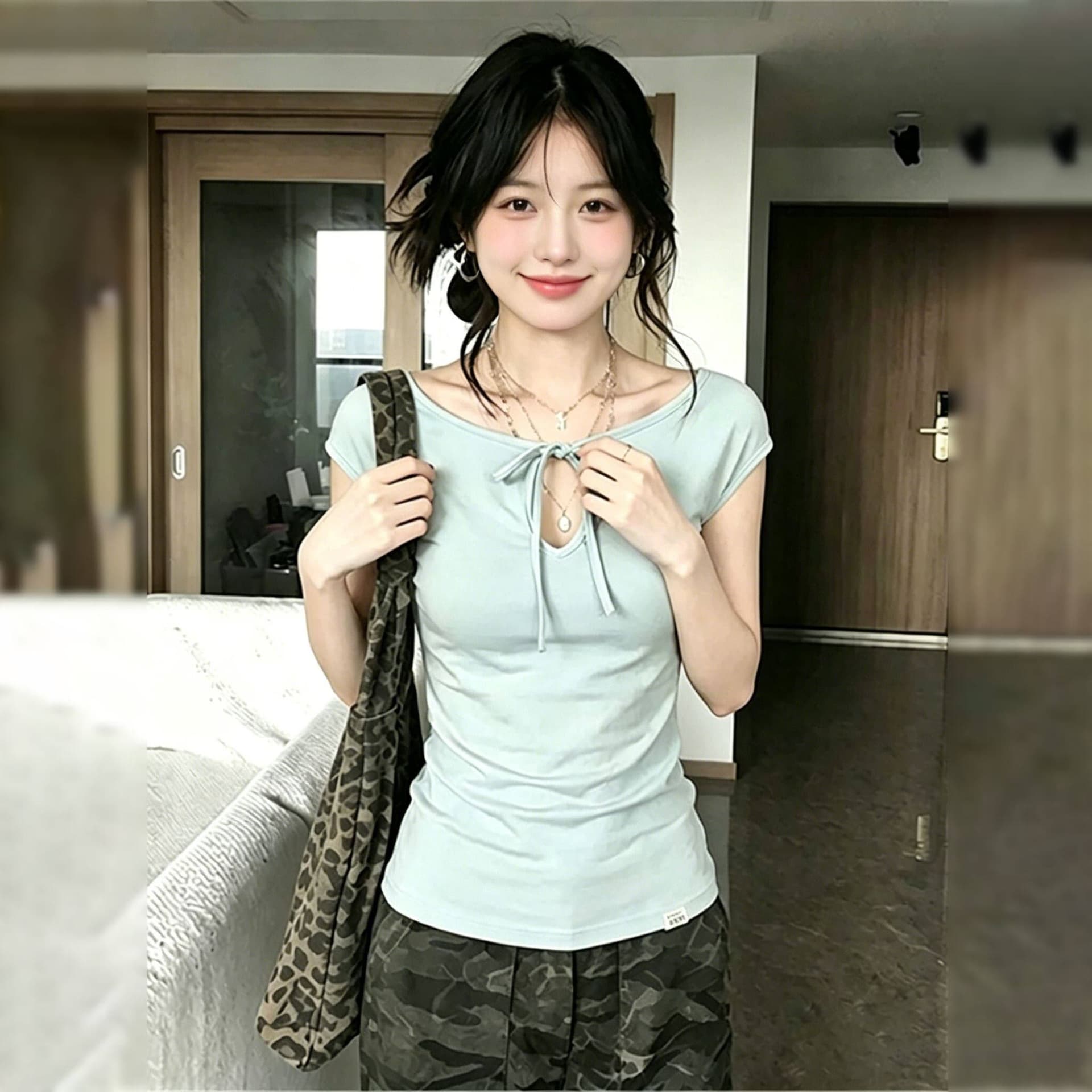 와 사고 방식 도파민 화이트 홀로우 아웃 레이스업 긍정적 인 어깨 티셔츠 여성 여름 핫걸 쇼트 스타일 몸매 가꾸기 맨위 트렌디 상세 이미지 4
