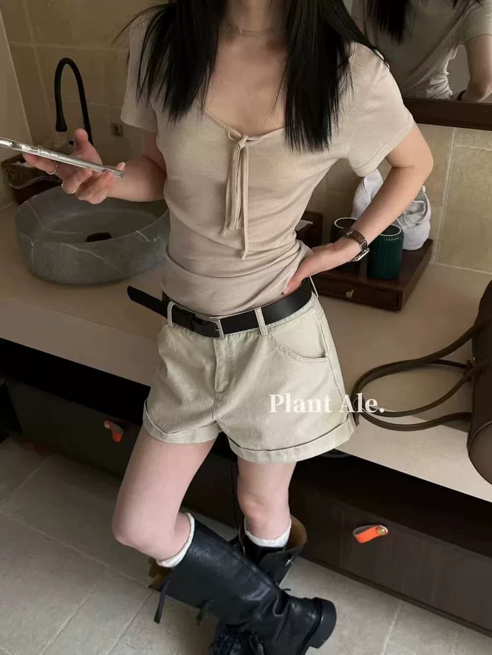 2026 여름 새로운 세련된 편안함 라이 경기 서울 주간 실크 레이스업 V넥 반팔 티셔츠 여성 셔츠 상세 이미지 18