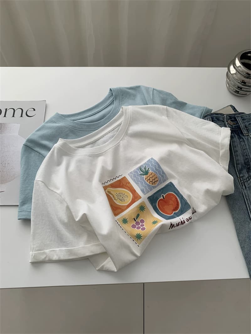 21 순면 210 그램 이후 패키지 칼라 한 싱글 대외 무역 한 부서 반팔 티셔츠 여성 한국 스타일 루즈핏 빅 사이즈 프린트 상세 이미지 4