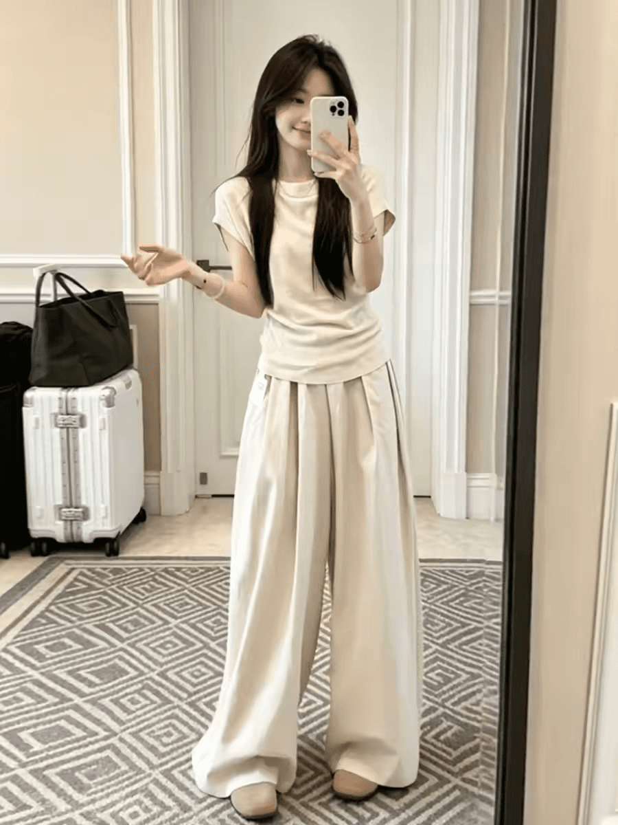자이언트 잘 생긴 ootd 착용 가져 가라. 전체 집합 2026 새로운 반팔 티셔츠 여성 여름 와이드 레그 팬츠 캐주얼 투피스 슈트 이미지 3