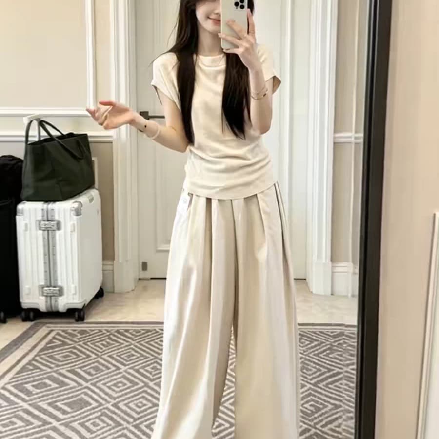 자이언트 잘 생긴 ootd 착용 가져 가라. 전체 집합 2026 새로운 반팔 티셔츠 여성 여름 와이드 레그 팬츠 캐주얼 투피스 슈트 이미지 5