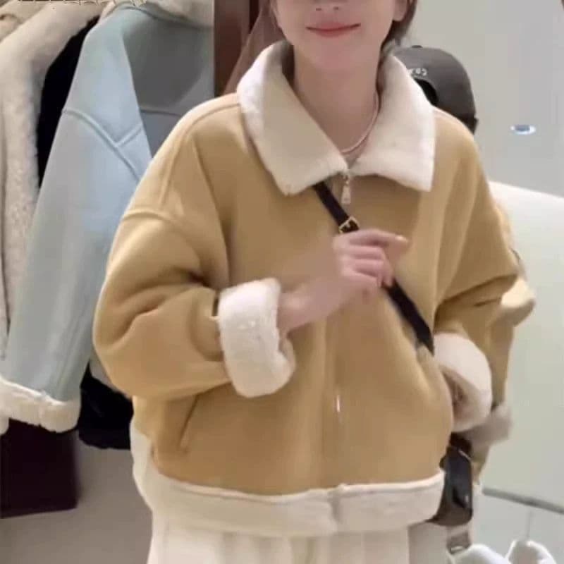 490 그램 사슴 캐시미어 복합 양 타조 울 신년 짧은 여성 코트 양 타조 울 두꺼운 겨울의 온기 달콤함 외부 싱글 폭발 상세 이미지 1