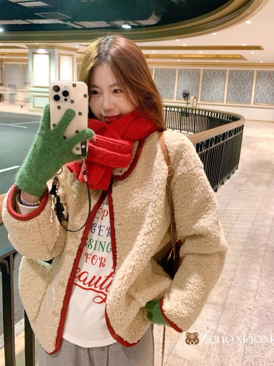 원본 원단 560 그램 한 번 작은 짭짤한 폴로 칼라 두꺼운 크리스마스 양털 재킷 여성 겨울 빨간색 신년 보온