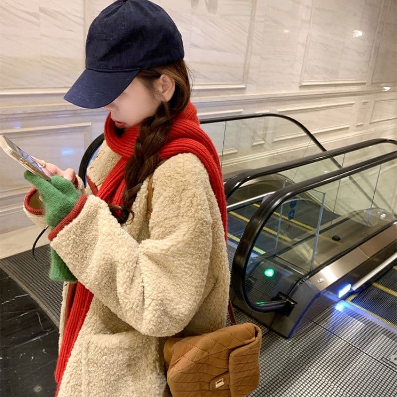 원본 원단 560 그램 한 번 작은 짭짤한 폴로 칼라 두꺼운 크리스마스 양털 재킷 여성 겨울 빨간색 신년 보온 상세 이미지 1
