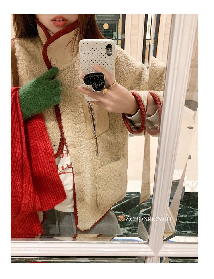 원본 원단 560 그램 한 번 작은 짭짤한 폴로 칼라 두꺼운 크리스마스 양털 재킷 여성 겨울 빨간색 신년 보온 상세 이미지 29