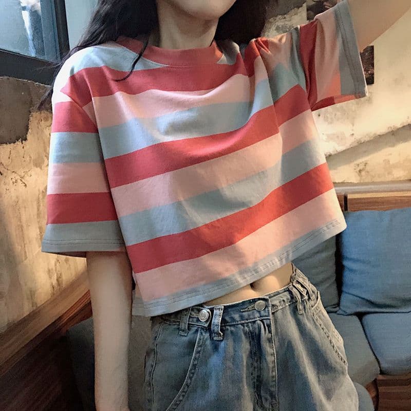 스트라이프 배색 긍정적 인 어깨 주름 반팔 티셔츠 여성 여름 몸매 가꾸기 디자인 센스 한 싱글 대외 무역 국경 간 폭발 이미지 2