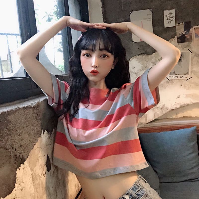 스트라이프 배색 긍정적 인 어깨 주름 반팔 티셔츠 여성 여름 몸매 가꾸기 디자인 센스 한 싱글 대외 무역 국경 간 폭발 이미지 5