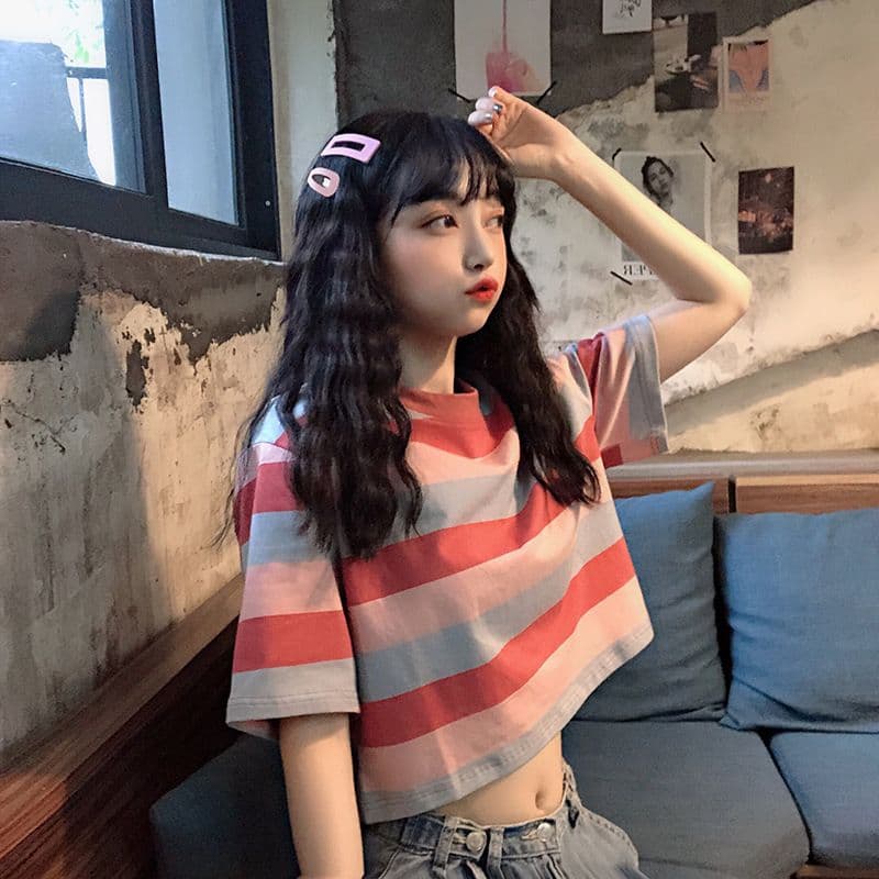 스트라이프 배색 긍정적 인 어깨 주름 반팔 티셔츠 여성 여름 몸매 가꾸기 디자인 센스 한 싱글 대외 무역 국경 간 폭발 상세 이미지 4