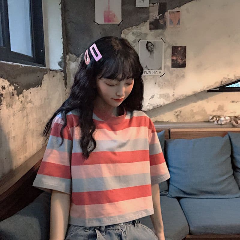 스트라이프 배색 긍정적 인 어깨 주름 반팔 티셔츠 여성 여름 몸매 가꾸기 디자인 센스 한 싱글 대외 무역 국경 간 폭발 상세 이미지 6
