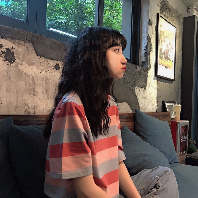 스트라이프 배색 긍정적 인 어깨 주름 반팔 티셔츠 여성 여름 몸매 가꾸기 디자인 센스 한 싱글 대외 무역 국경 간 폭발 상세 이미지 7