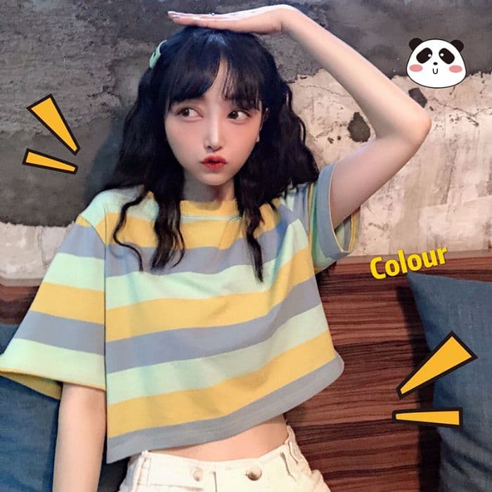 스트라이프 배색 긍정적 인 어깨 주름 반팔 티셔츠 여성 여름 몸매 가꾸기 디자인 센스 한 싱글 대외 무역 국경 간 폭발 상세 이미지 10