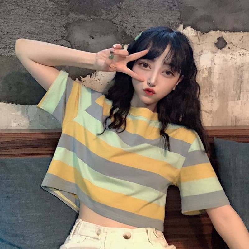 스트라이프 배색 긍정적 인 어깨 주름 반팔 티셔츠 여성 여름 몸매 가꾸기 디자인 센스 한 싱글 대외 무역 국경 간 폭발 상세 이미지 11