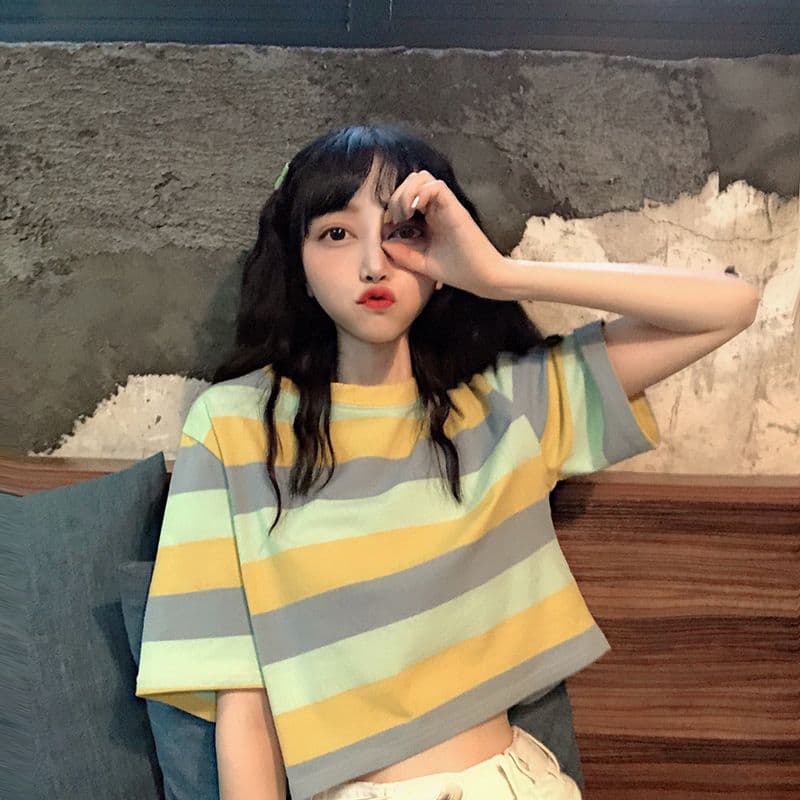 스트라이프 배색 긍정적 인 어깨 주름 반팔 티셔츠 여성 여름 몸매 가꾸기 디자인 센스 한 싱글 대외 무역 국경 간 폭발 상세 이미지 12