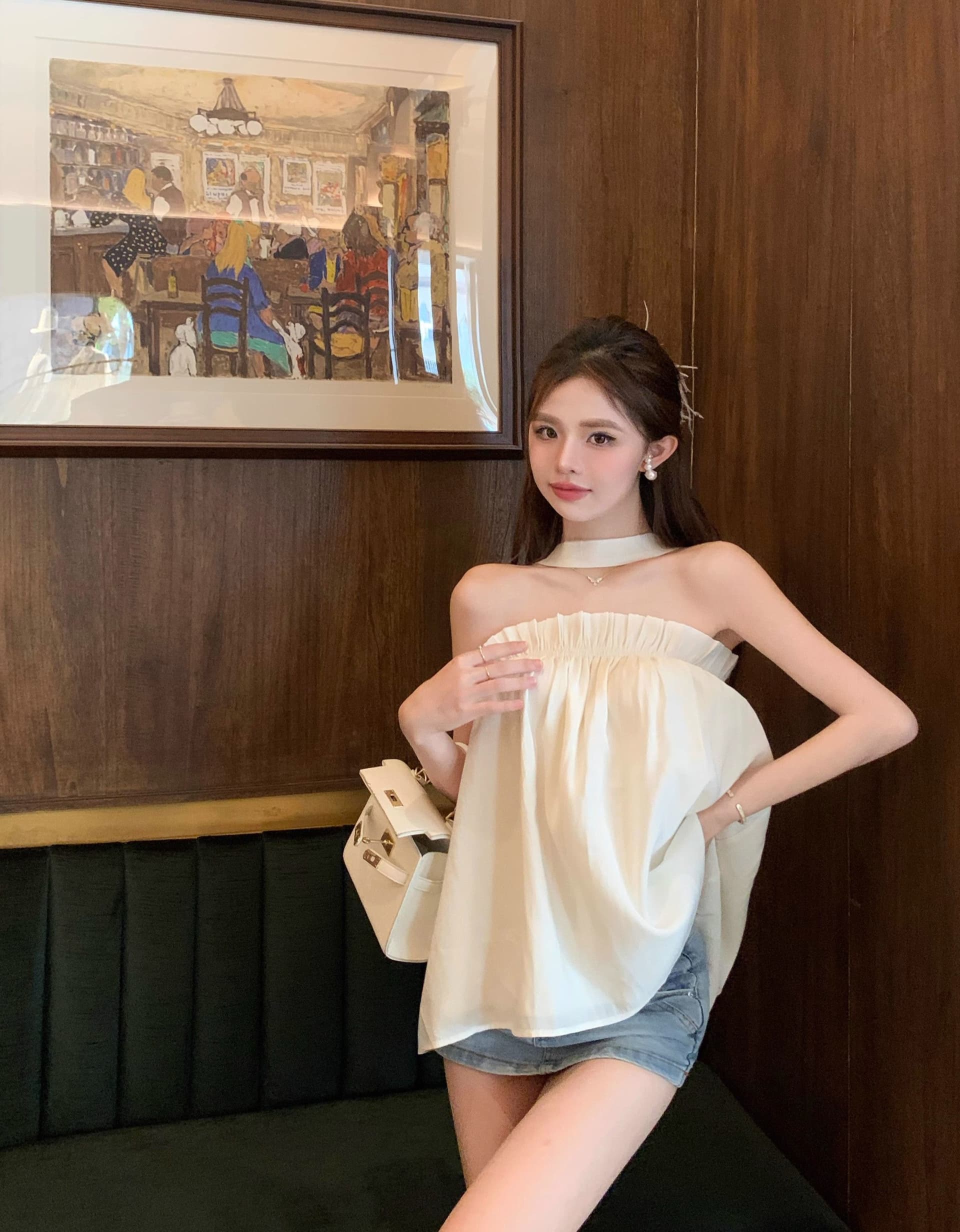 프릴 오프숄더 행침 목 캐미솔 여름 프랑스식 Chic 고급 센스 루즈핏 살구 색상 민소매 맨위 상세 이미지 2