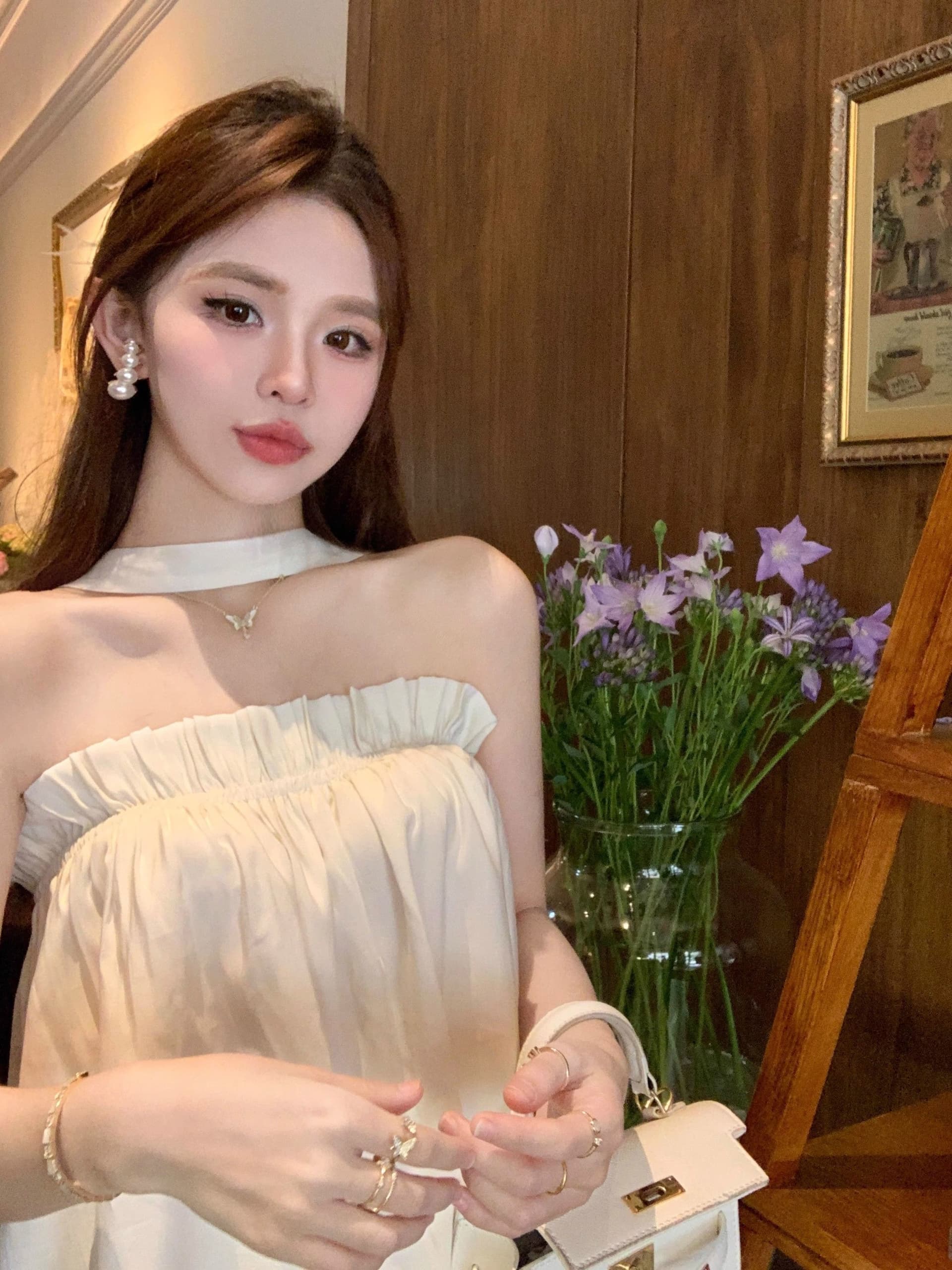 프릴 오프숄더 행침 목 캐미솔 여름 프랑스식 Chic 고급 센스 루즈핏 살구 색상 민소매 맨위 상세 이미지 4
