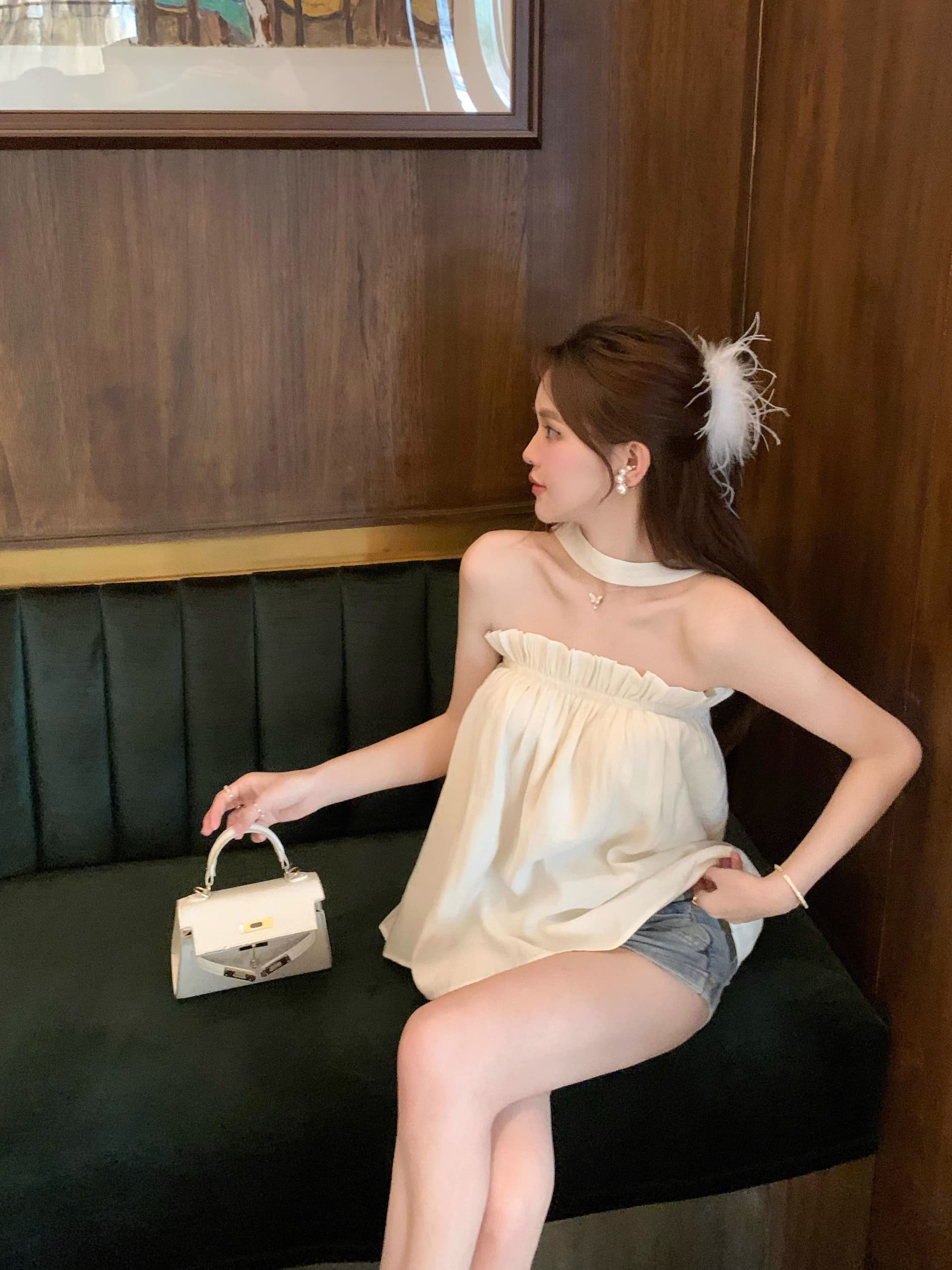 프릴 오프숄더 행침 목 캐미솔 여름 프랑스식 Chic 고급 센스 루즈핏 살구 색상 민소매 맨위 상세 이미지 9
