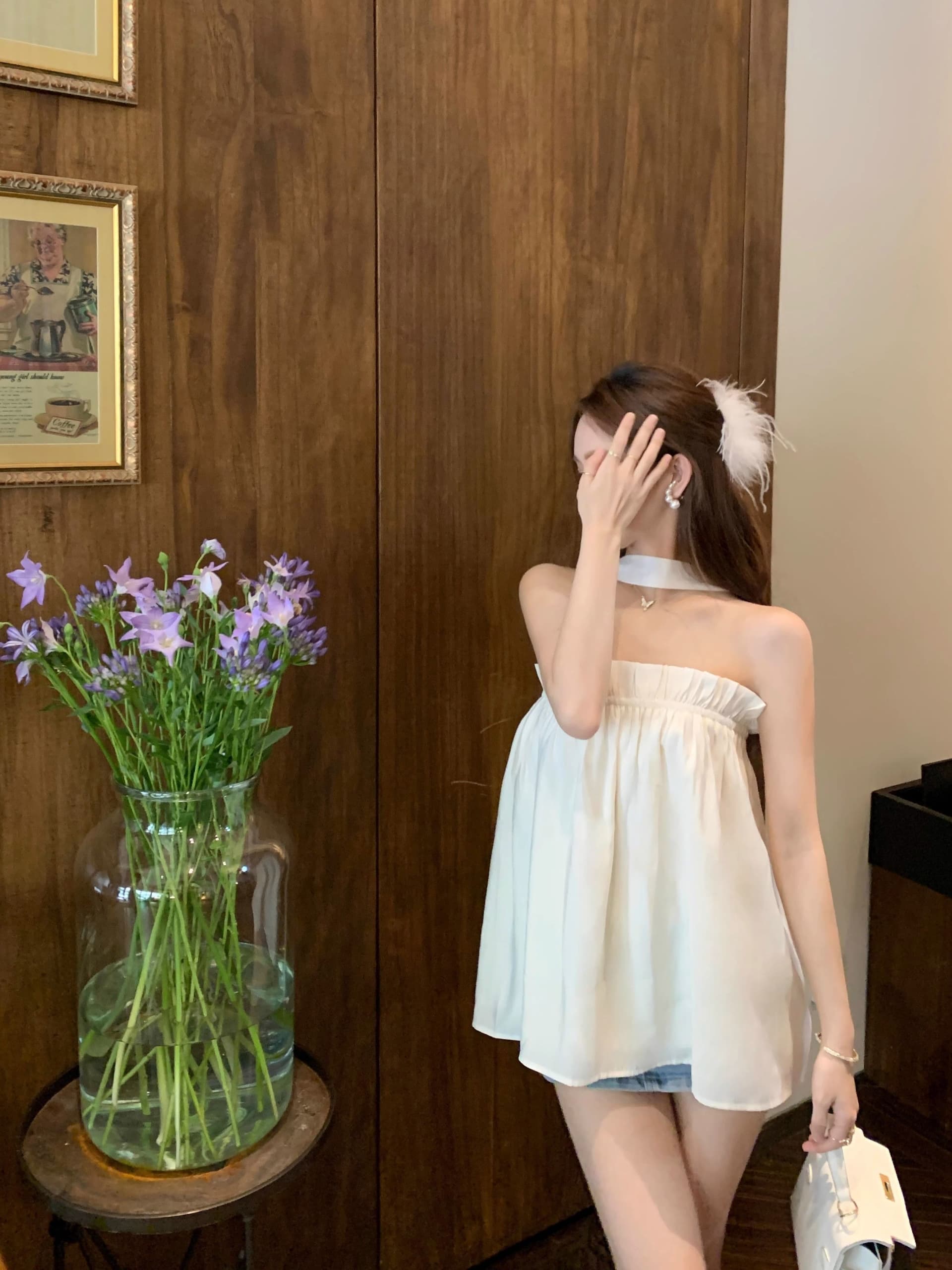 프릴 오프숄더 행침 목 캐미솔 여름 프랑스식 Chic 고급 센스 루즈핏 살구 색상 민소매 맨위 상세 이미지 10