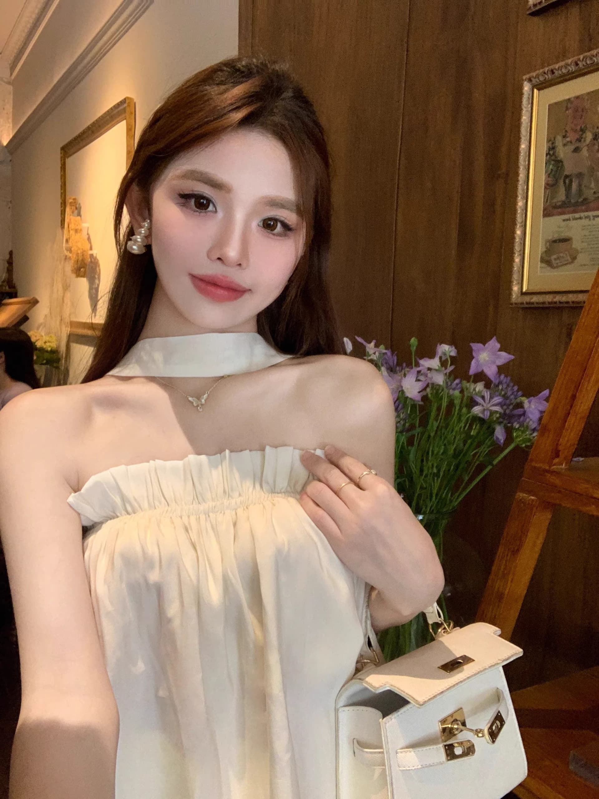 프릴 오프숄더 행침 목 캐미솔 여름 프랑스식 Chic 고급 센스 루즈핏 살구 색상 민소매 맨위 상세 이미지 11