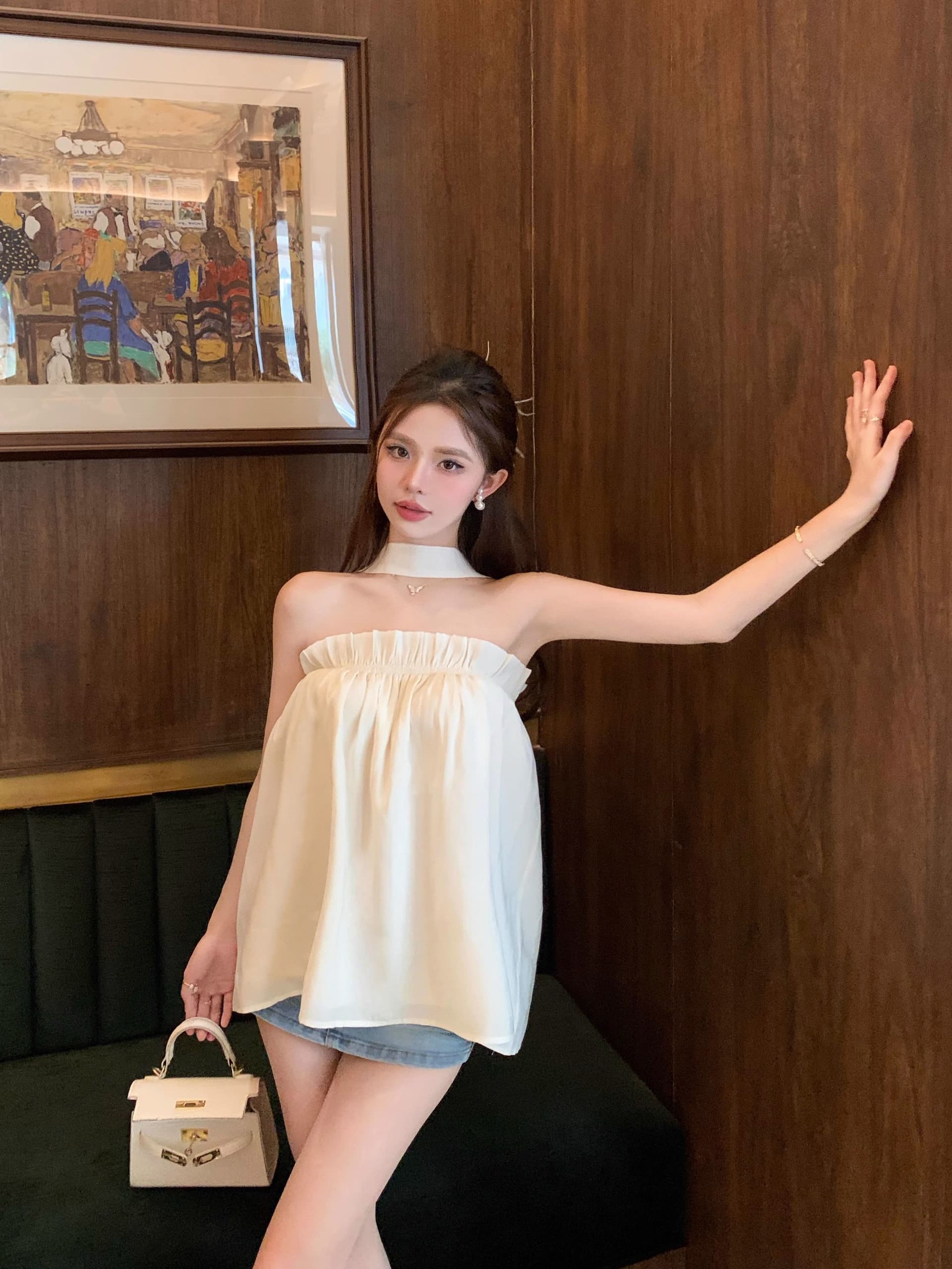 프릴 오프숄더 행침 목 캐미솔 여름 프랑스식 Chic 고급 센스 루즈핏 살구 색상 민소매 맨위 상세 이미지 14