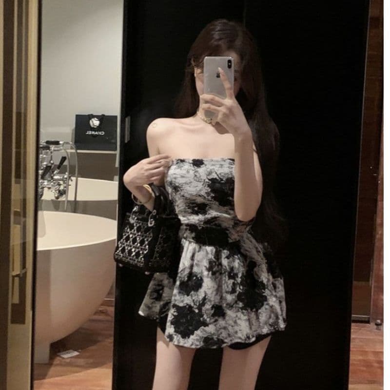 잉크 페인팅 포장 가슴 여성 드레스 여름 허리 수축 미니 스커트 고급 센스 오프숄더 순수한 욕망 바람 튜브탑 중간 및 짧은 치마 이미지 5