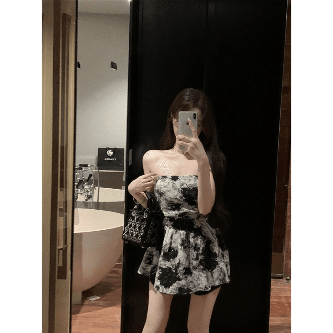 잉크 페인팅 포장 가슴 여성 드레스 여름 허리 수축 미니 스커트 고급 센스 오프숄더 순수한 욕망 바람 튜브탑 중간 및 짧은 치마 상세 이미지 4