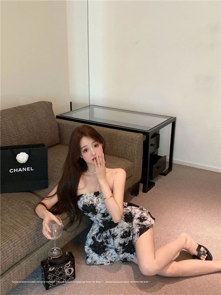 잉크 페인팅 포장 가슴 여성 드레스 여름 허리 수축 미니 스커트 고급 센스 오프숄더 순수한 욕망 바람 튜브탑 중간 및 짧은 치마 상세 이미지 5