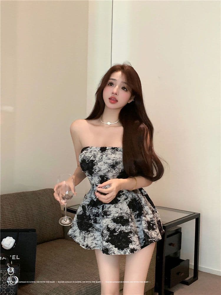잉크 페인팅 포장 가슴 여성 드레스 여름 허리 수축 미니 스커트 고급 센스 오프숄더 순수한 욕망 바람 튜브탑 중간 및 짧은 치마 상세 이미지 9