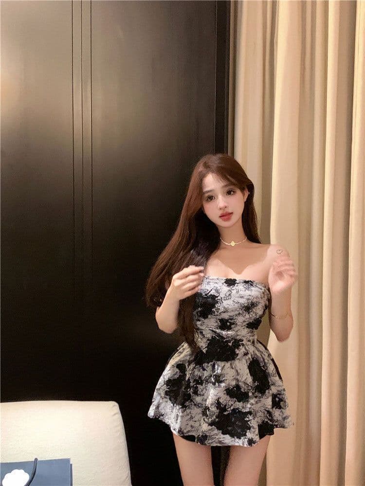 잉크 페인팅 포장 가슴 여성 드레스 여름 허리 수축 미니 스커트 고급 센스 오프숄더 순수한 욕망 바람 튜브탑 중간 및 짧은 치마 상세 이미지 10
