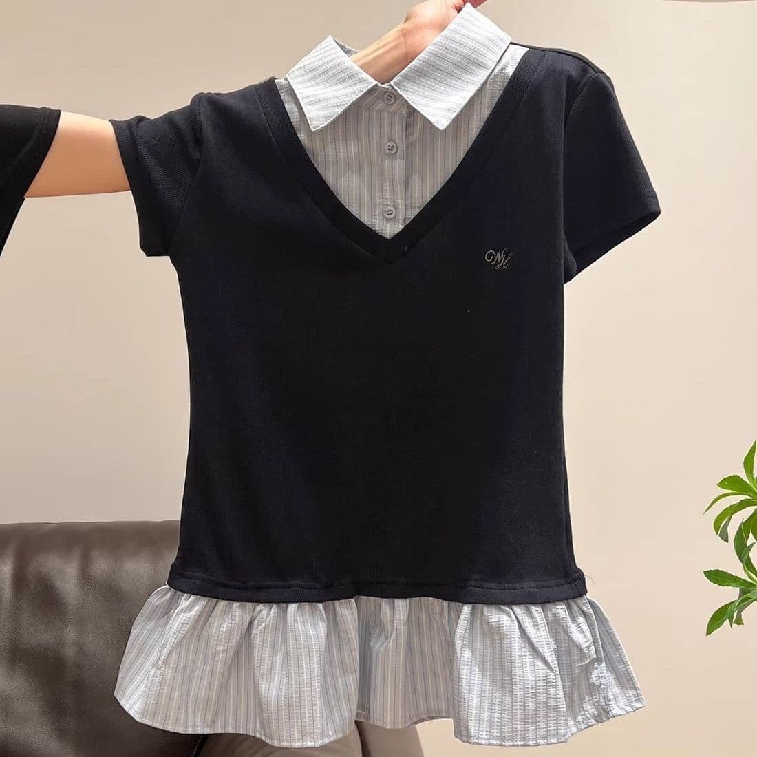 아메리칸 핫걸 블루 색상 스트라이프 polo 레이스 밑단 여름 반팔 티셔츠 2026 디자인 맨위 상세 이미지 4