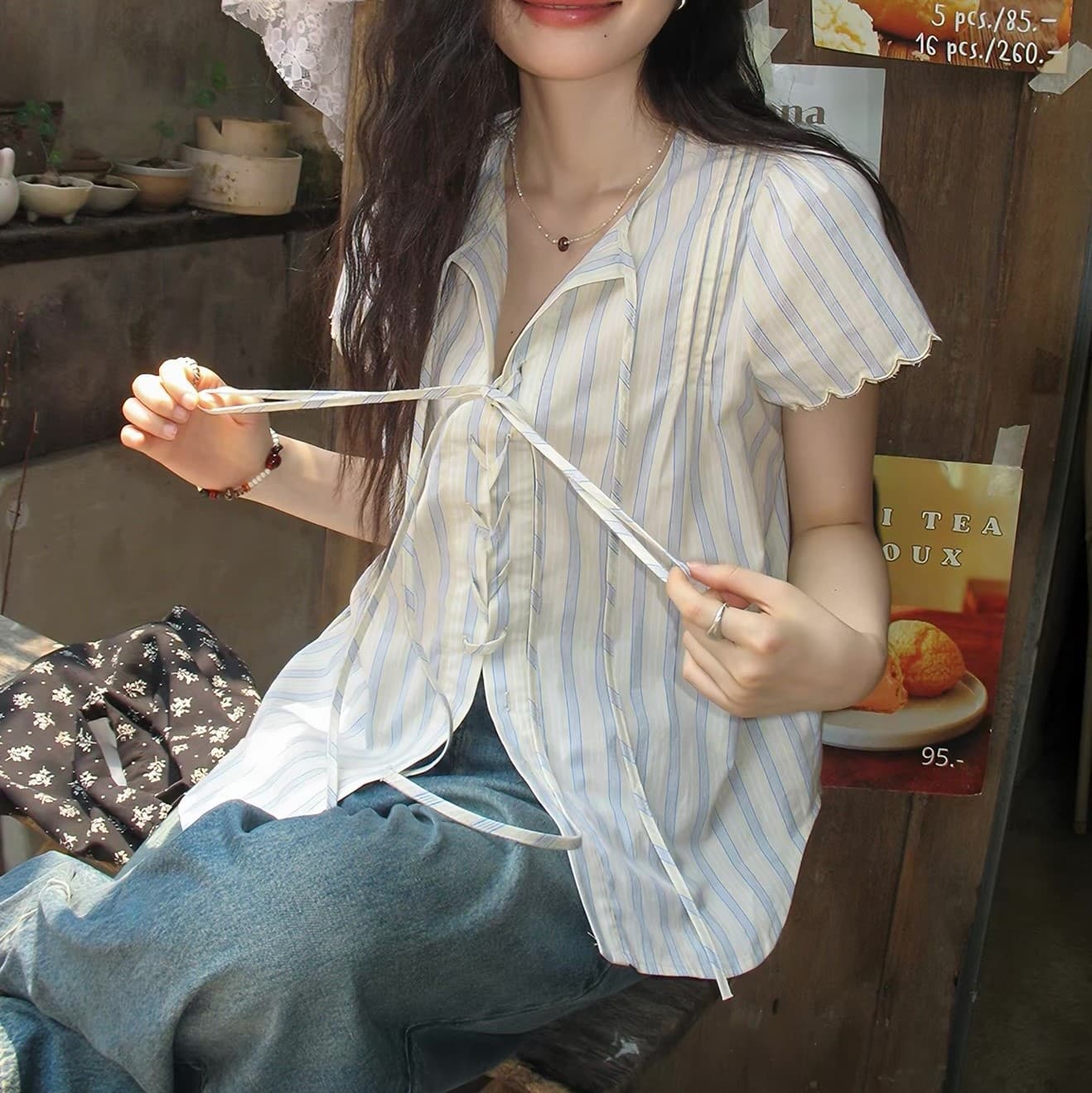 셔틀 제직 한 부서 스트라이프 반팔 셔츠 여름 레이스 소매 레이스업 셔츠 루즈핏 캐주얼 상세 이미지 5