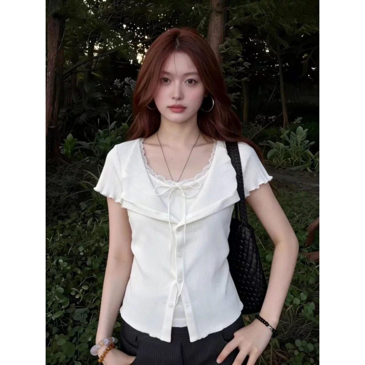 원본 솜씨 순수한 욕망 V넥 레이스업 긍정적 인 어깨 반팔 티셔츠 여성 여름 프릴 페이크 레이어드 허리 수축 슬림해 보이는 맨위 이미지 3