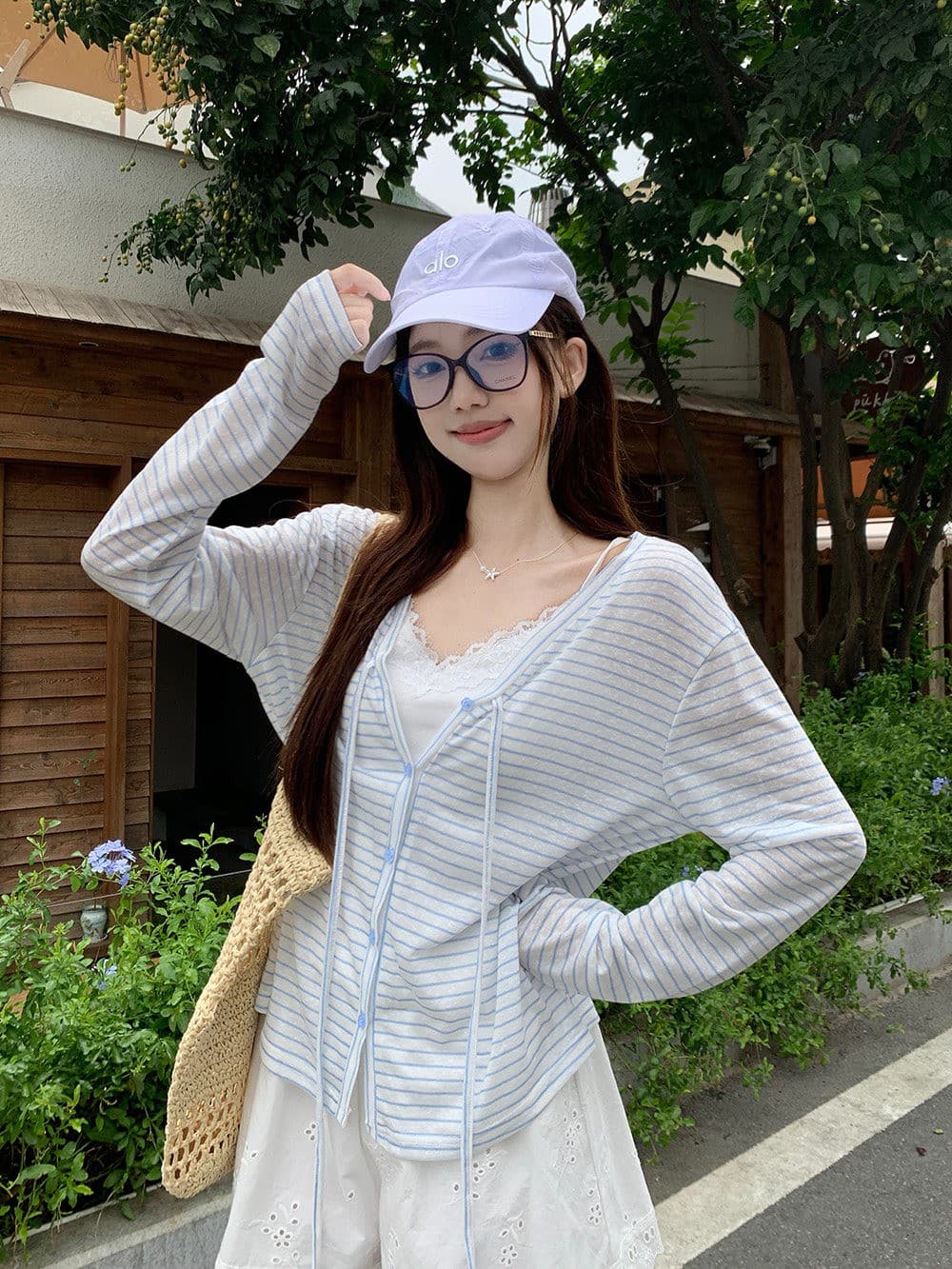 디자인 센스 스트라이프 V넥 오픈 가디건 자외선 차단 의류 여성 여름 한 부서 달콤함 부드러운 바람 루즈핏 캐주얼 긴팔 맨위 상세 이미지 6