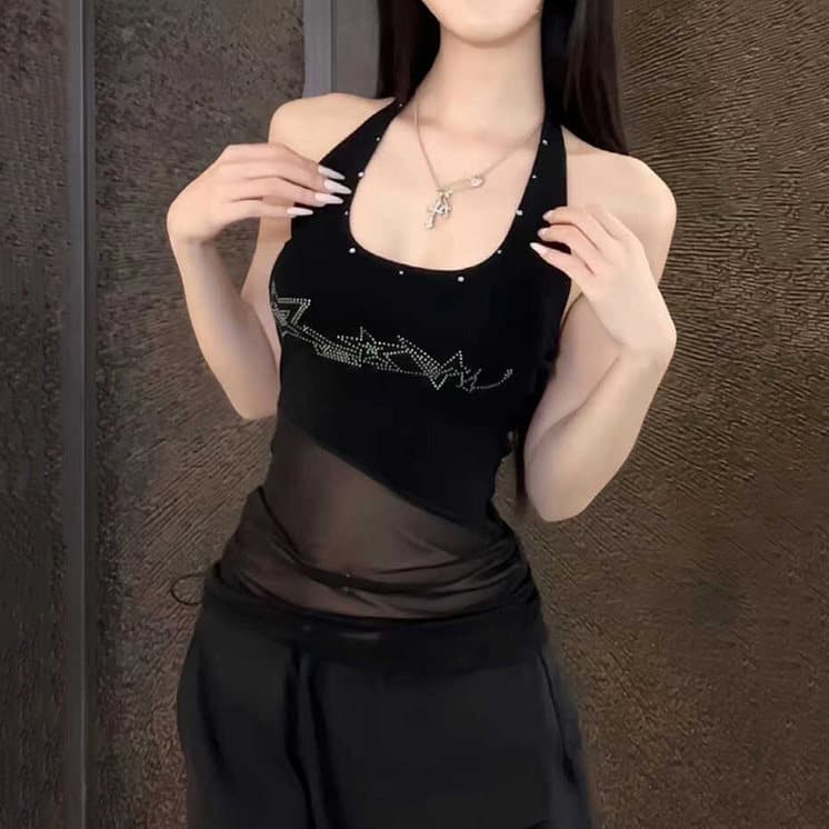 모방 면 핫걸 y2k 아시아 인 ~보다 행침 목 조끼 여성 몸매 가꾸기 작은 대중 슬립 망사 맨위 이미지 2